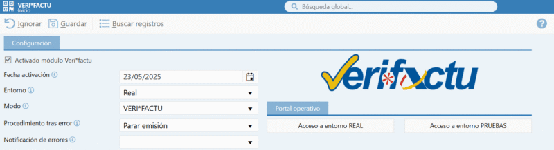 ConfigVerifactu Configuración módulo Verifactu GIAV